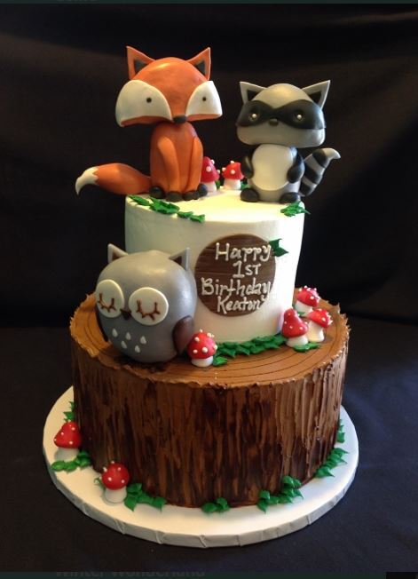 Woodland Themed Birthday Cake With Owl, Fox, & Racoon on Top for Smash Cake Photography Session