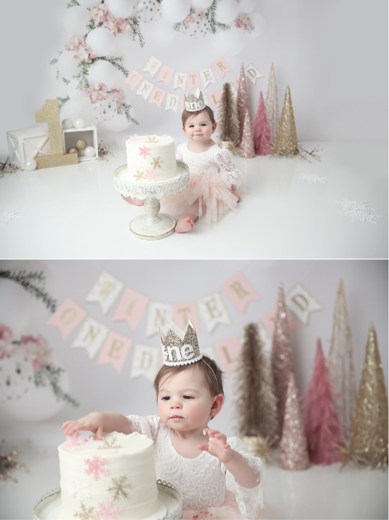 Double photo of little girl in pink smashing cake