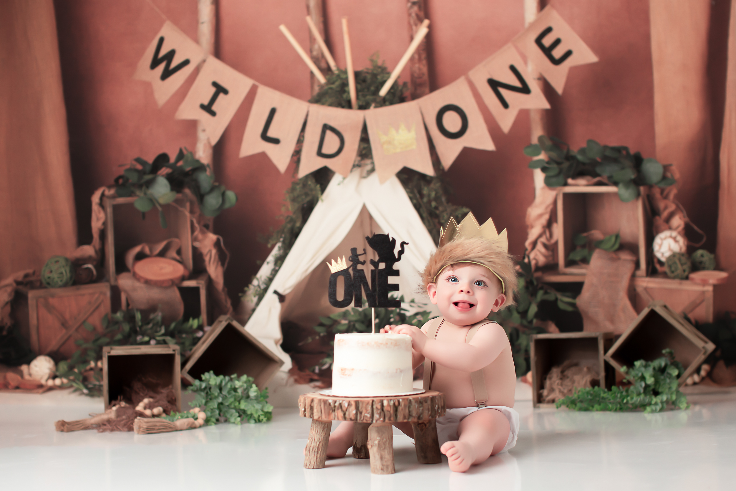 Wild One Cake Smash with a little boy with a cake and a wild one banner and tent as a backdrop
