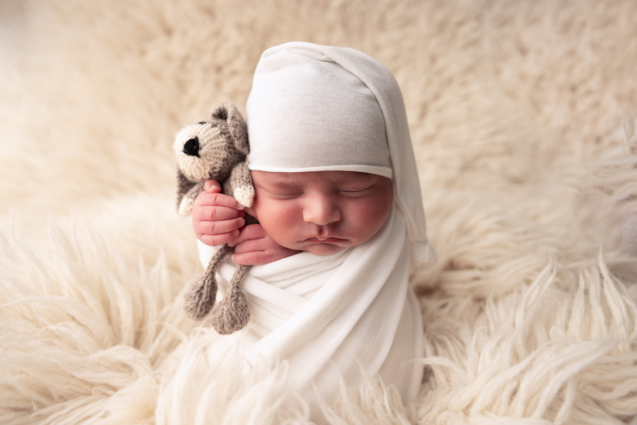 newborn baby swaddled in a cream wrap holding a puppy lovey and wearing a hat. 