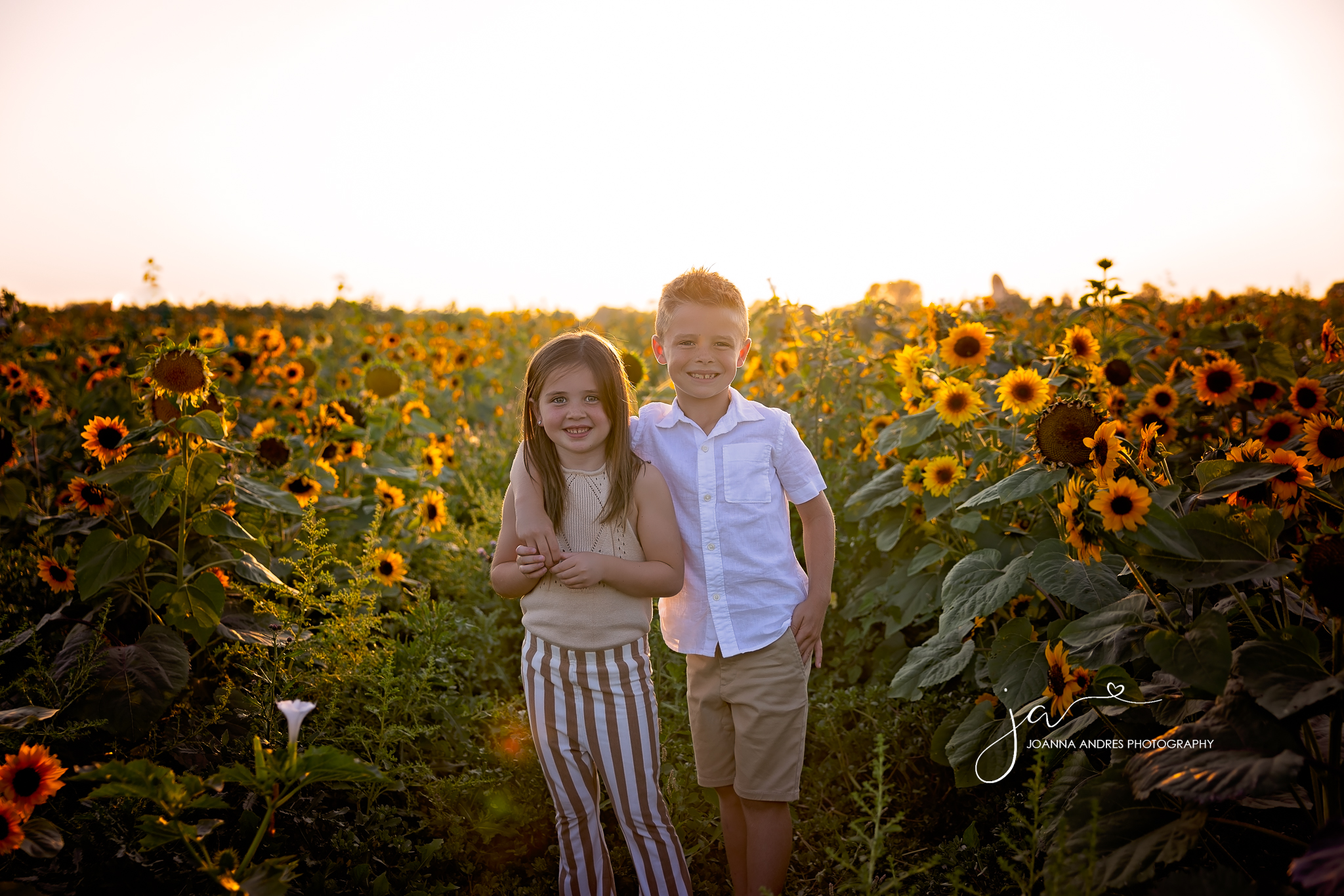 siblings in the middle of a sunflower field at lynds fruit farm