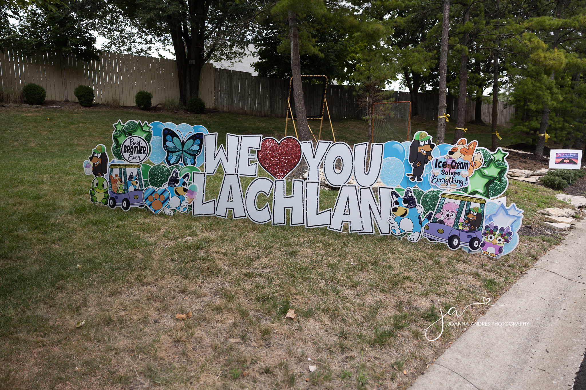 Yard sign that says We love You Lachlan with photo of blues clues and butterfly