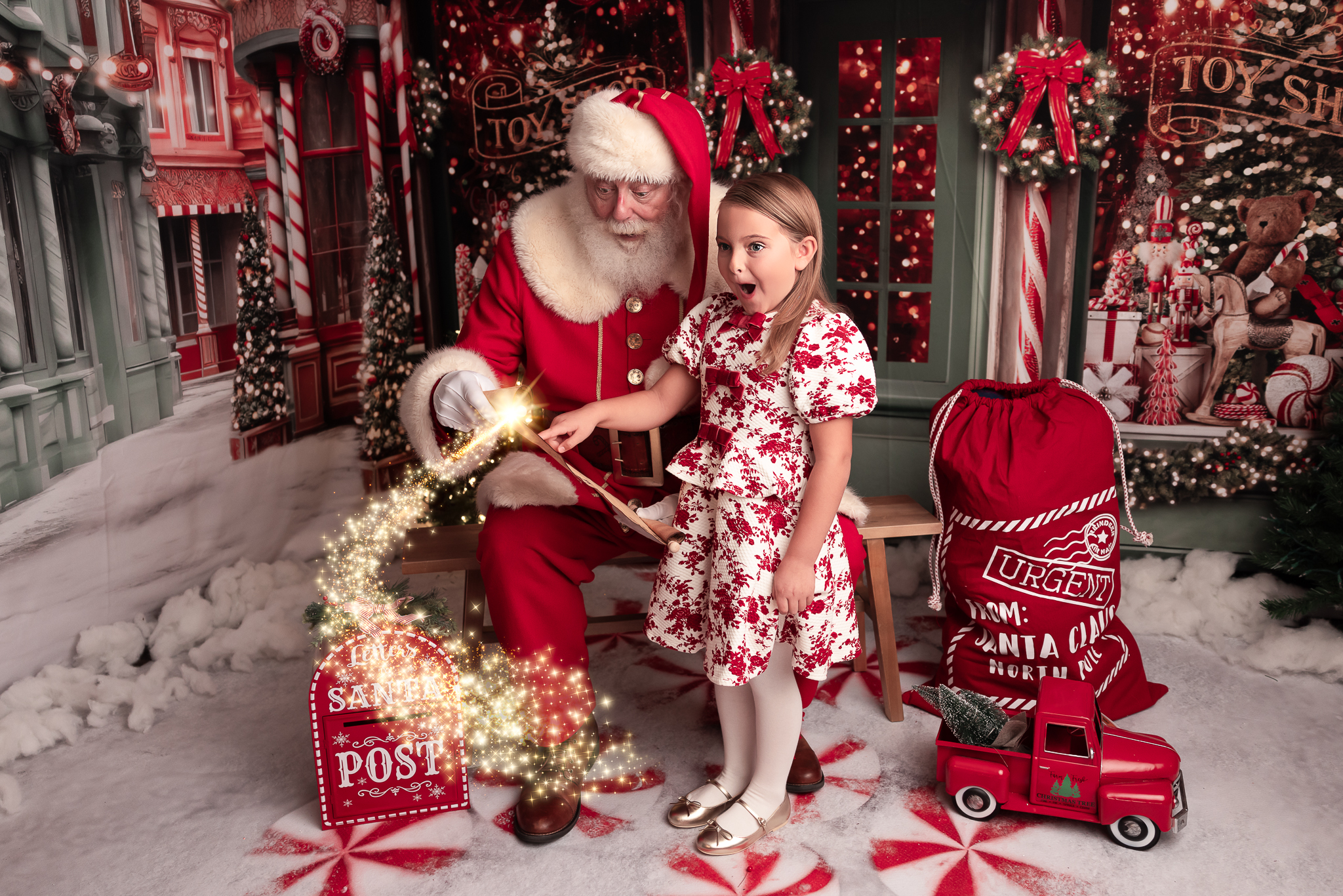 little girl pointing to her name on the scroll of the nice list that santa is holding and her face is in shock