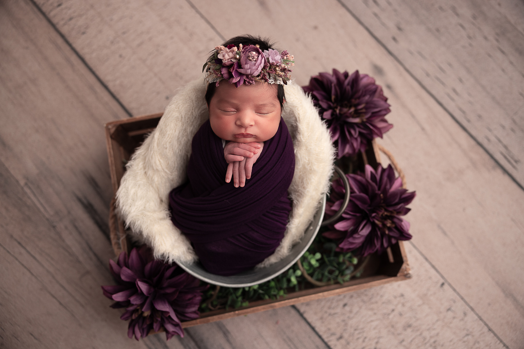 baby in a bucket wrapped in a dark purple with florals