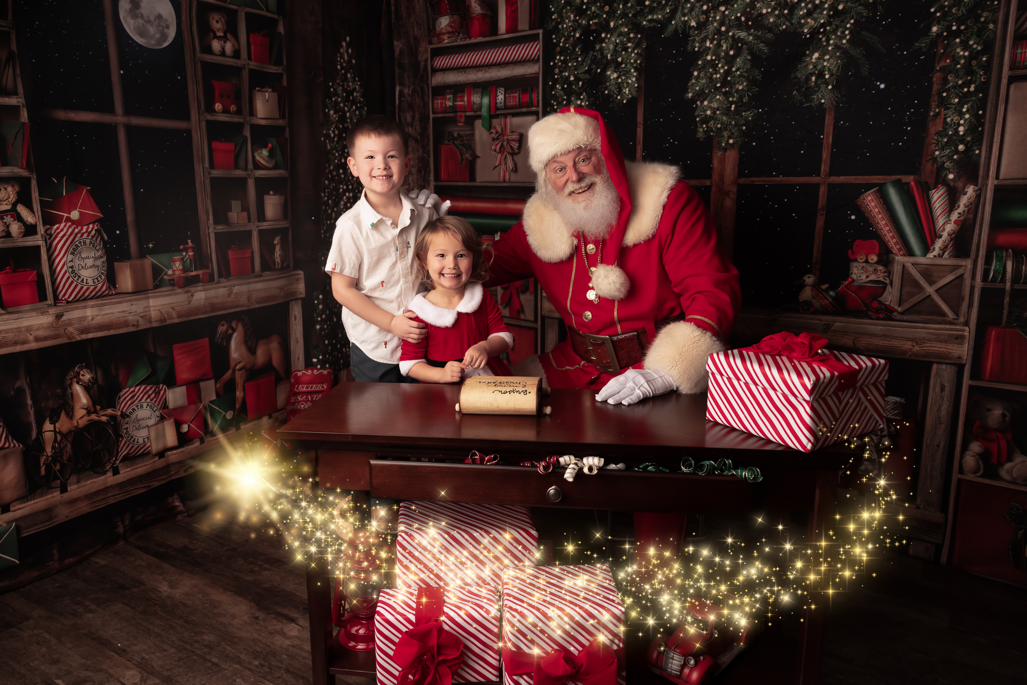 Brother and Sister dressed up and as Mrs. Claus for their santa portraits