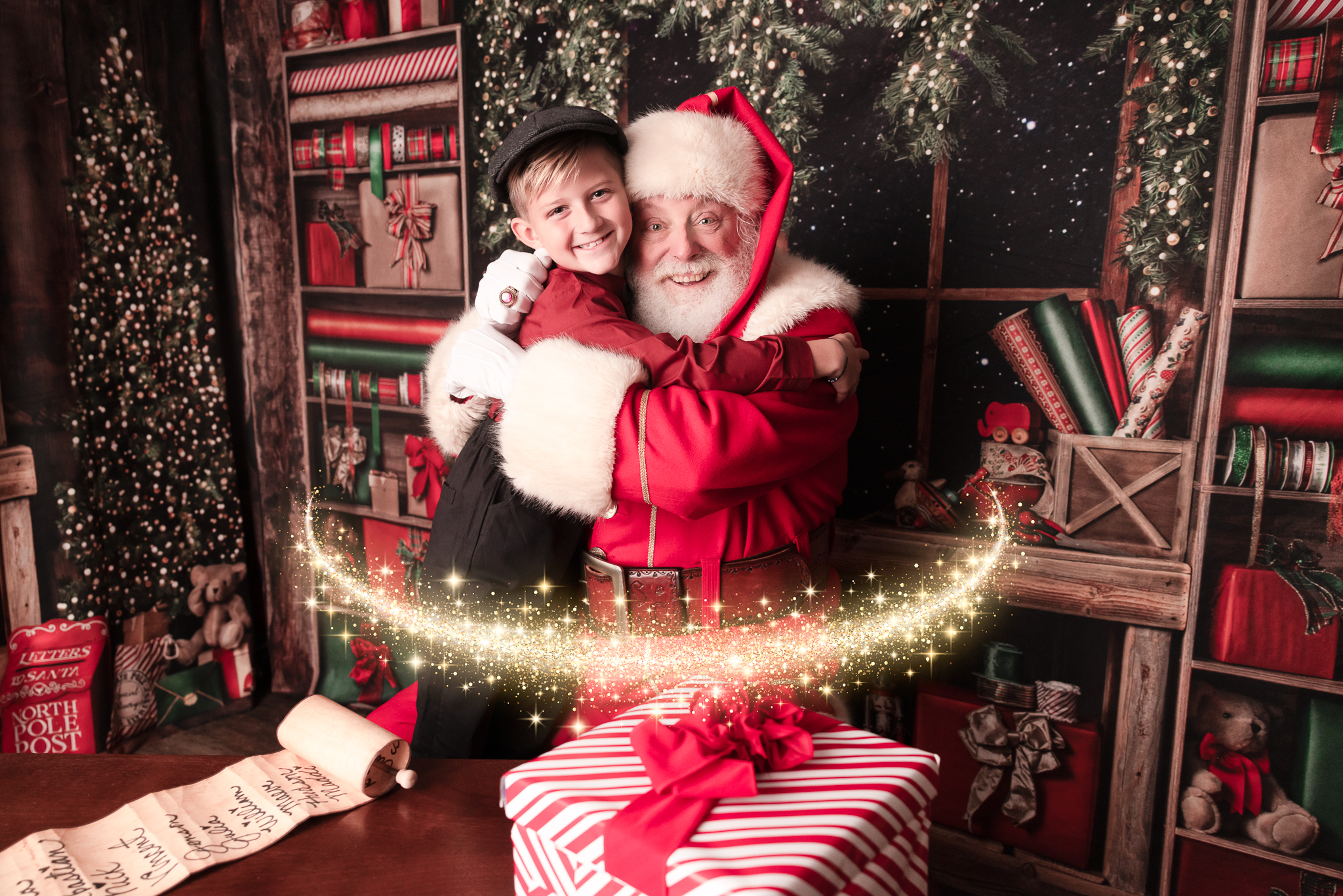 Santa giving a little boy a hug with his personalized visit